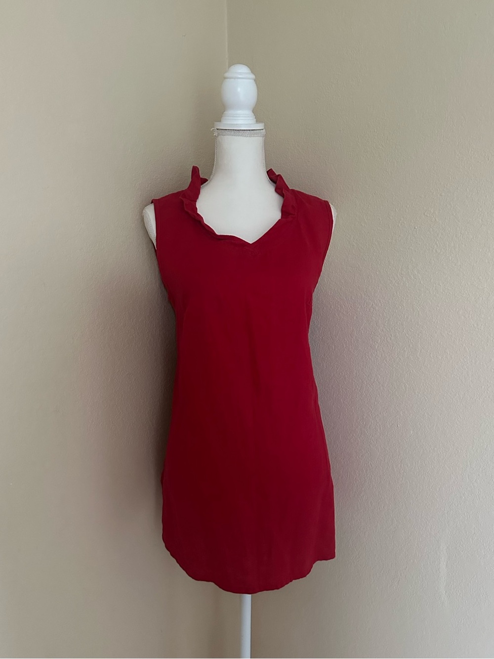 FLAX Red 100% Linen Ruffle V-Neck Sleeveless Shift Mini Dress S Lagenlook Resort